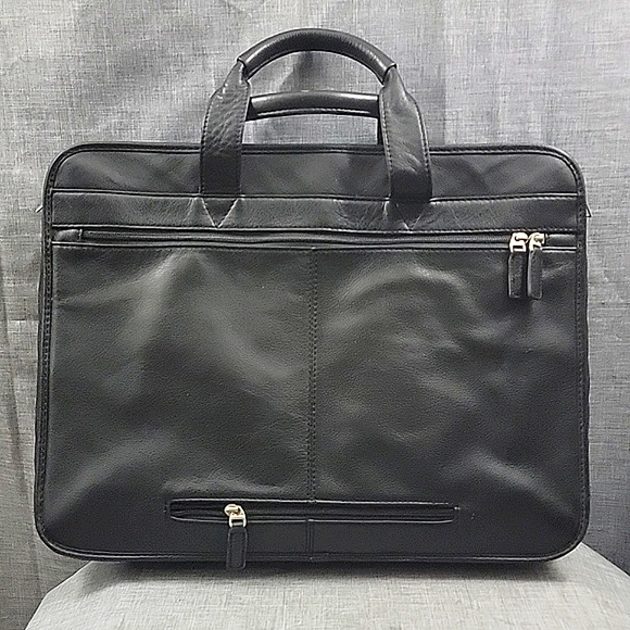 MORI Black Leather Briefcase / Computer Bag w/ Pockets, compartments, zippers - Picture 6 of 14